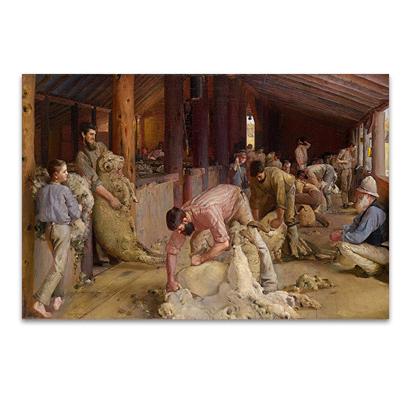 Tom Roberts' Shearing the Rams, shearers at work inside a timber woolshed