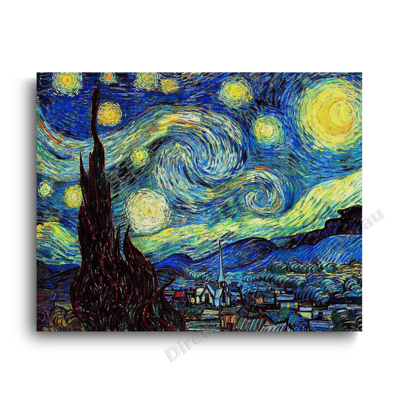 Van Gogh The Starry Night, swirling night sky over a sleeping village
