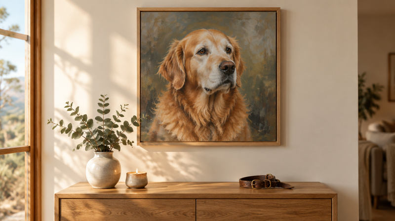 Hand-painted portrait of a golden retriever in a natural floating frame above a timber sideboard, digitally styled room
