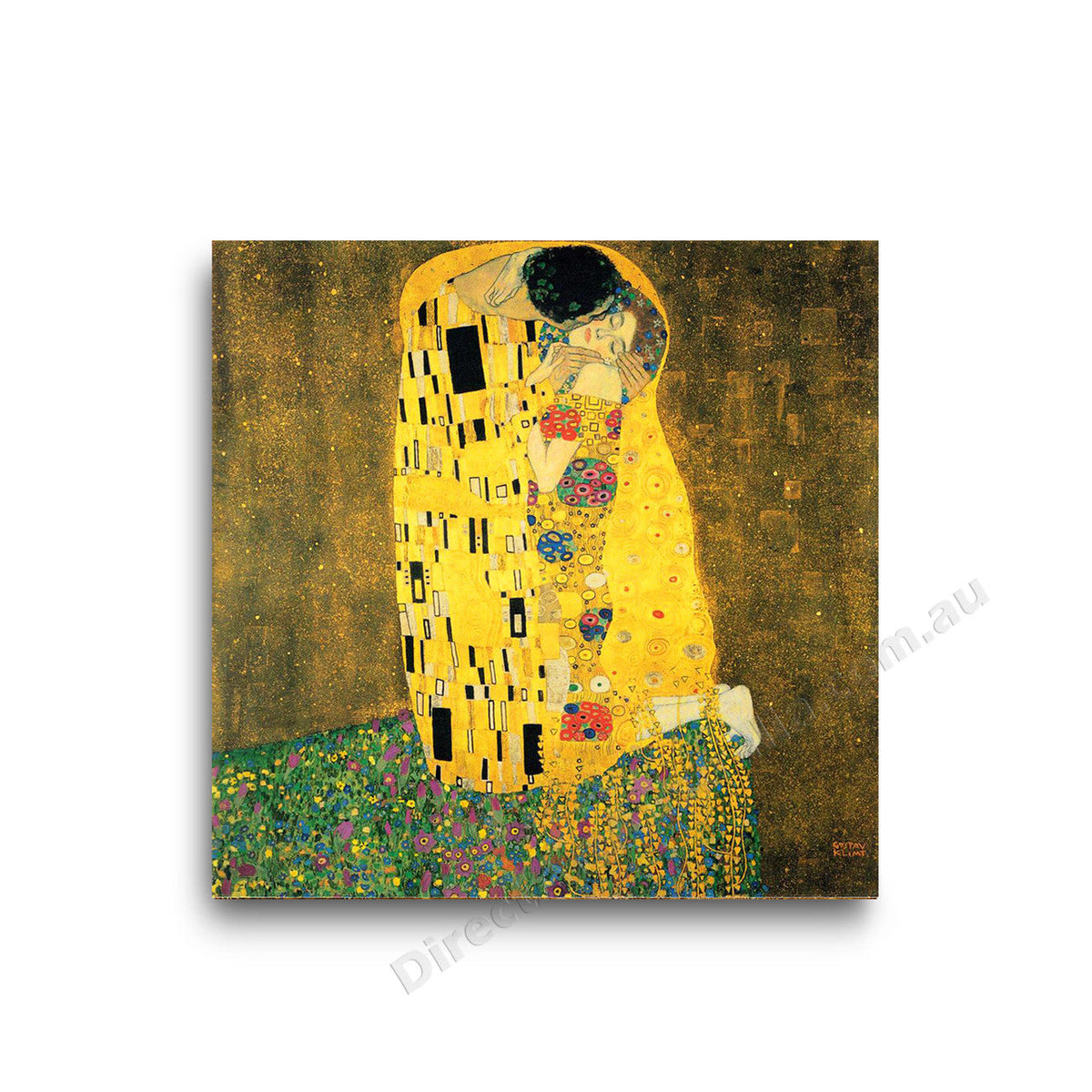 Klimt The Kiss, an embracing couple in gold patterned robes