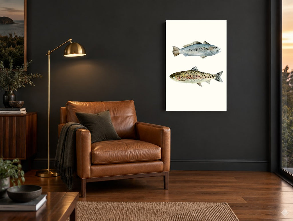 Two Speckled Fish animal canvas print on the wall of a charcoal living room