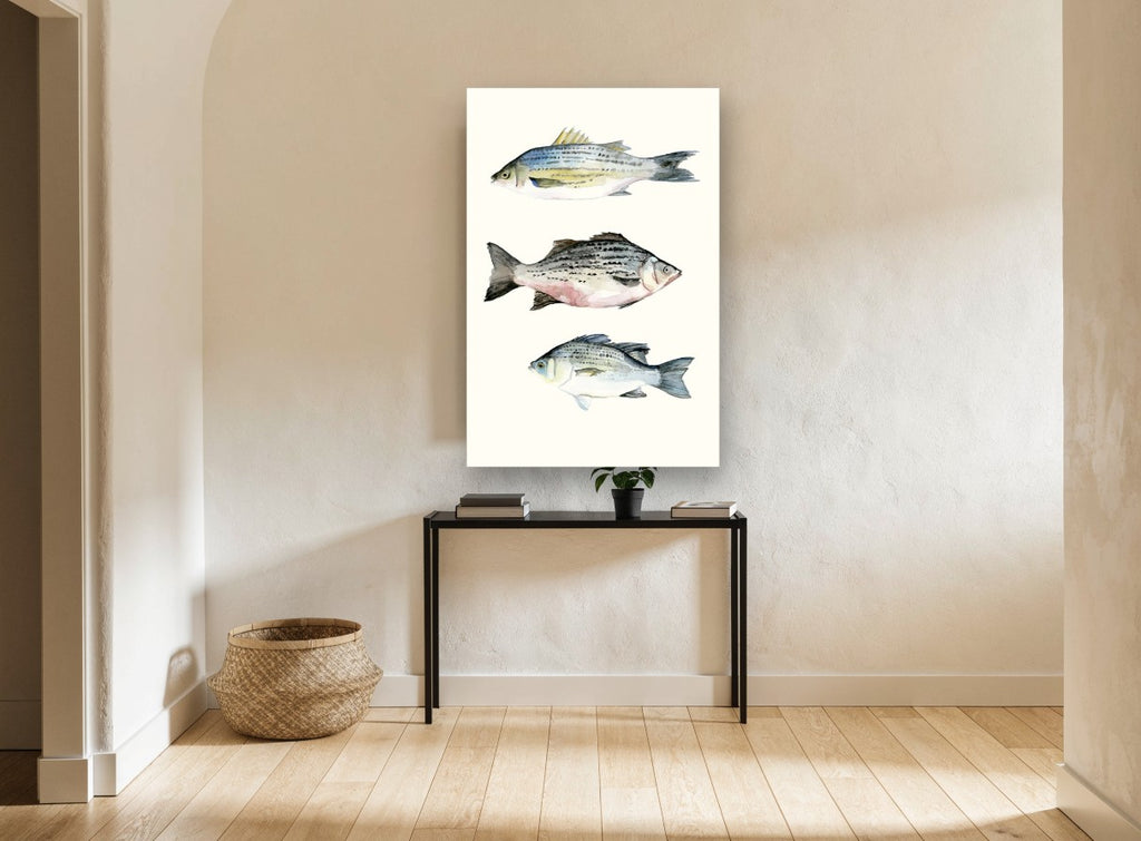 Three Striped Fish animal canvas print on the wall of a hallway