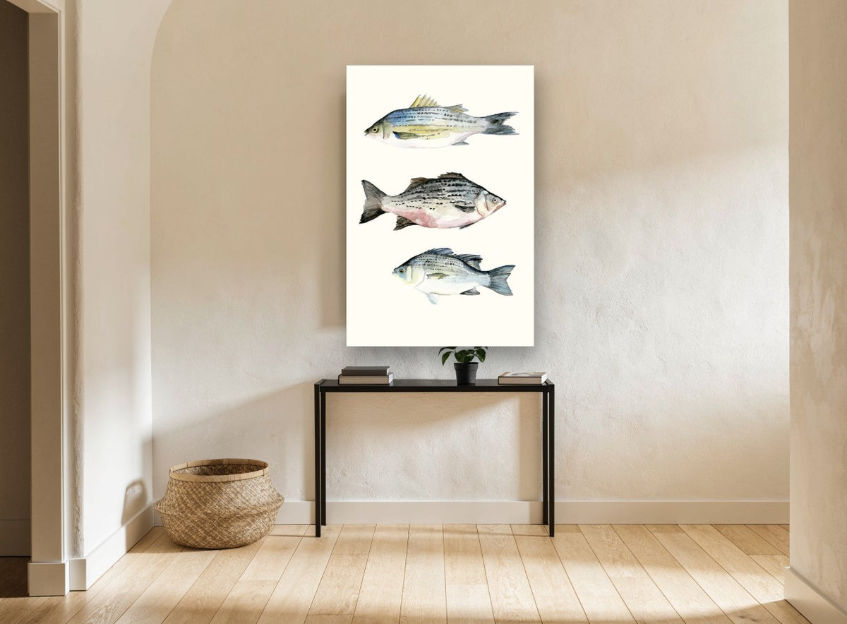 Three Striped Fish animal canvas print on the wall of a hallway