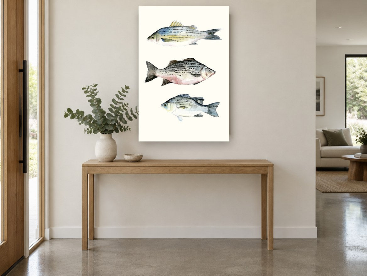 Three Striped Fish animal canvas print on the wall of a entry hall