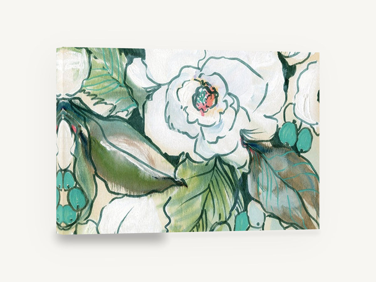 Sage Bloom Study, white camellia flower green leaves painting, floral canvas wall art print ready to hang