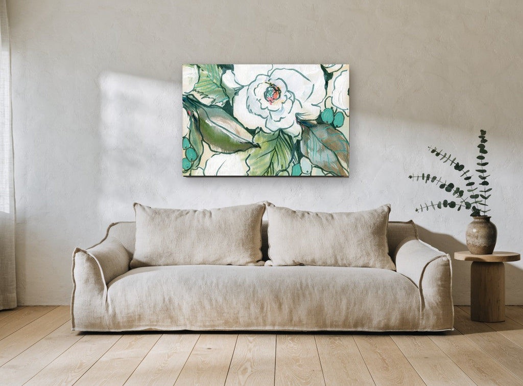 Sage Bloom Study floral canvas print on the wall of a living room