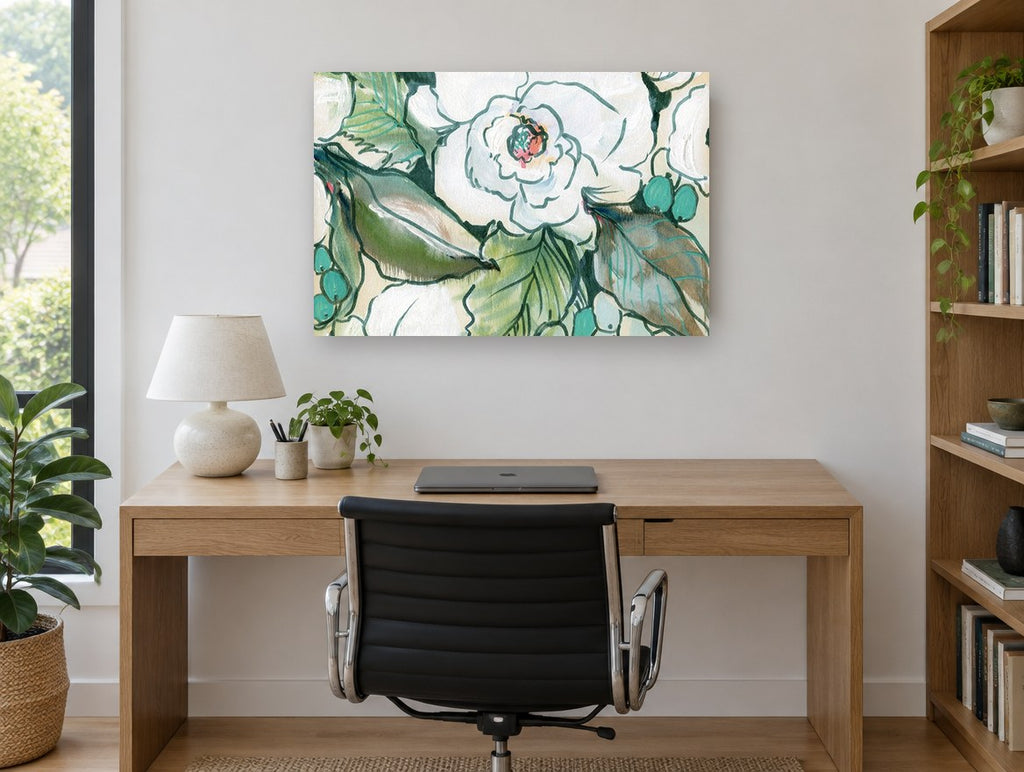 Sage Bloom Study floral canvas print on the wall of a study