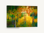 Sunlit Grove Clearing, golden light through autumn trees, landscape canvas wall art print ready to hang