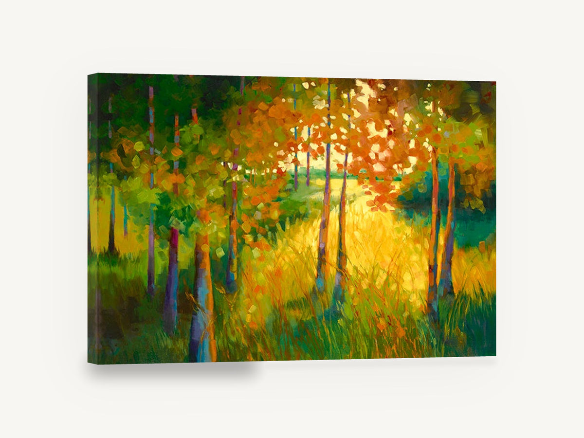 Sunlit Grove Clearing, golden light through autumn trees, landscape canvas wall art print ready to hang