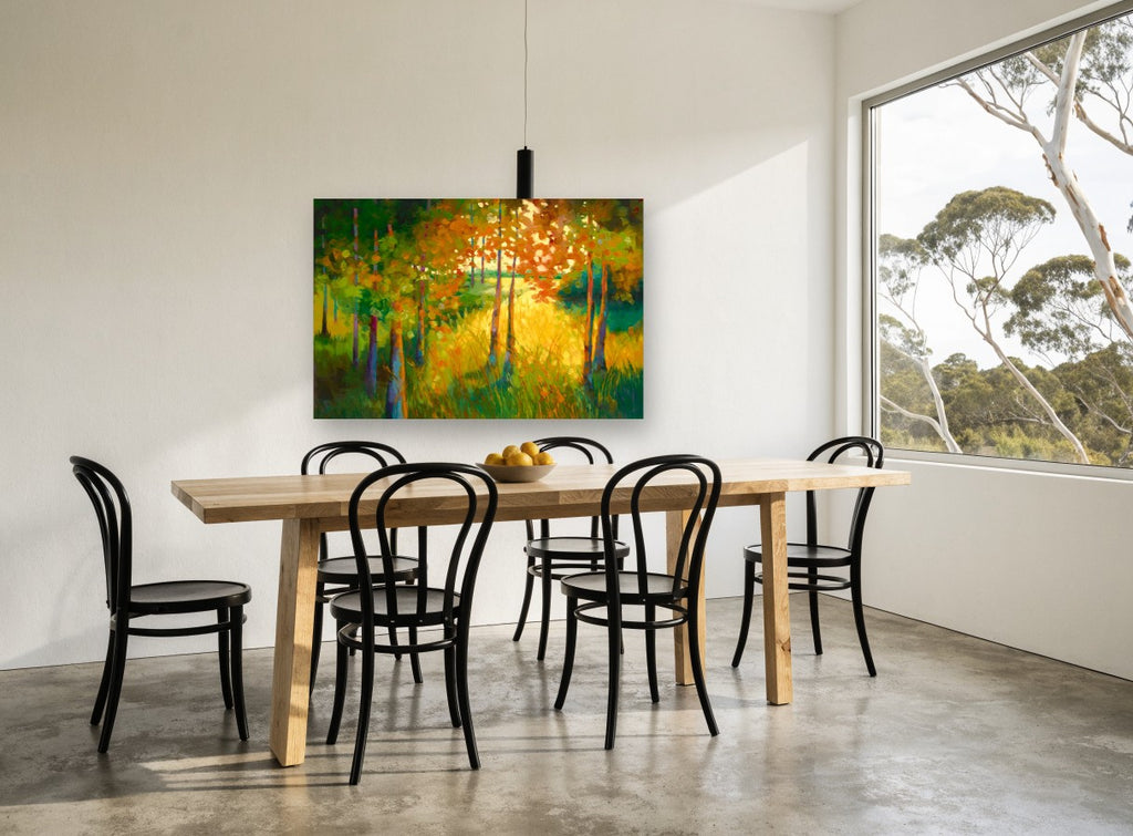 Sunlit Grove Clearing landscape canvas print on the wall of a dining room