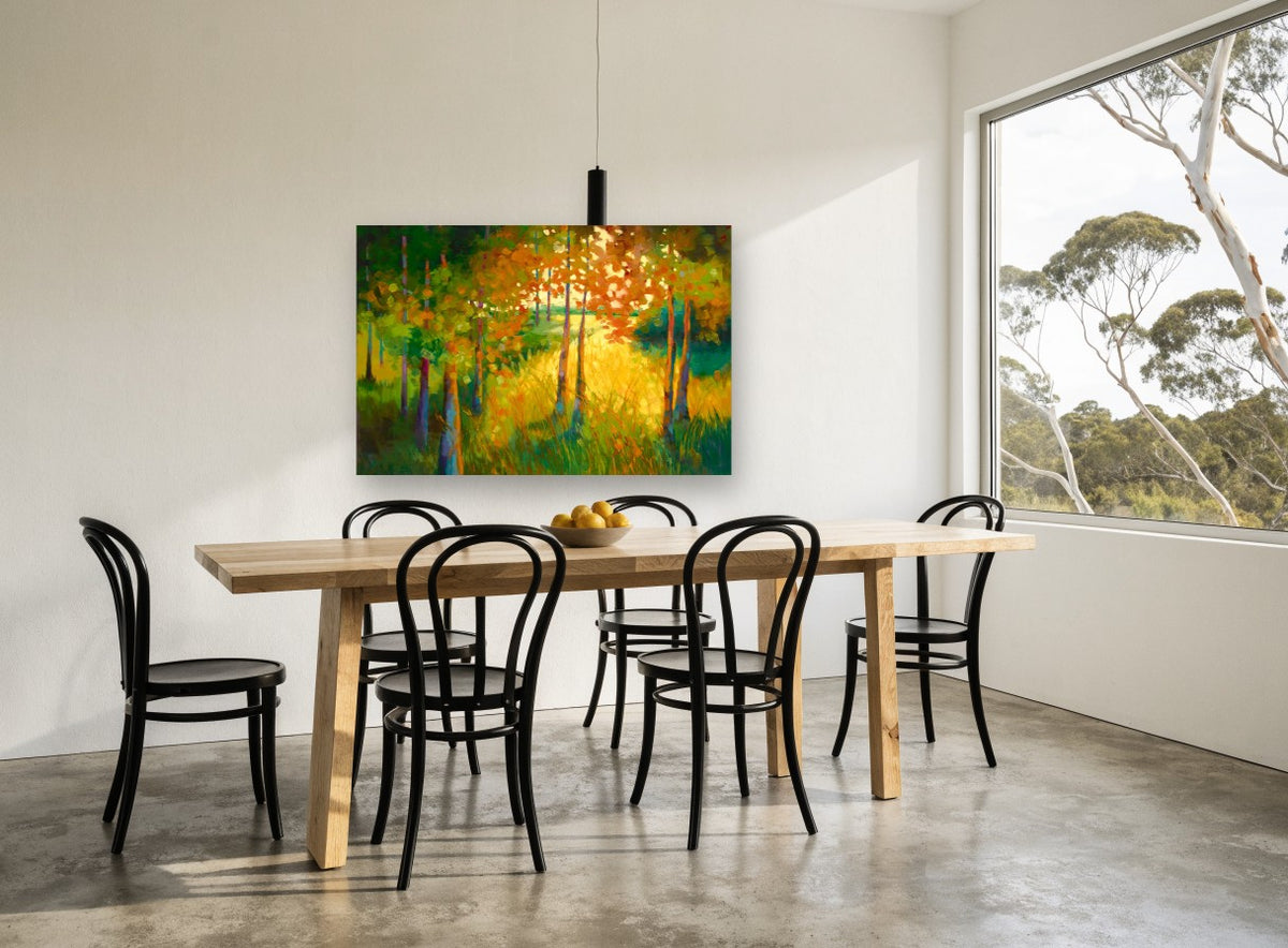 Sunlit Grove Clearing landscape canvas print on the wall of a dining room