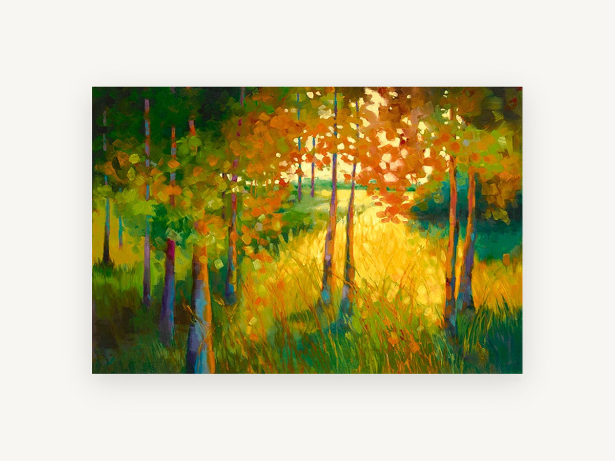 Sunlit Grove Clearing, golden light through autumn trees, landscape canvas wall art print, front view