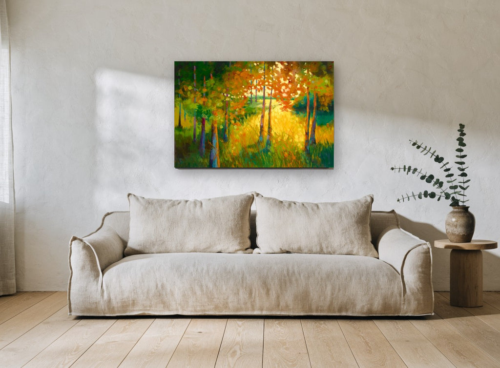 Sunlit Grove Clearing landscape canvas print on the wall of a living room