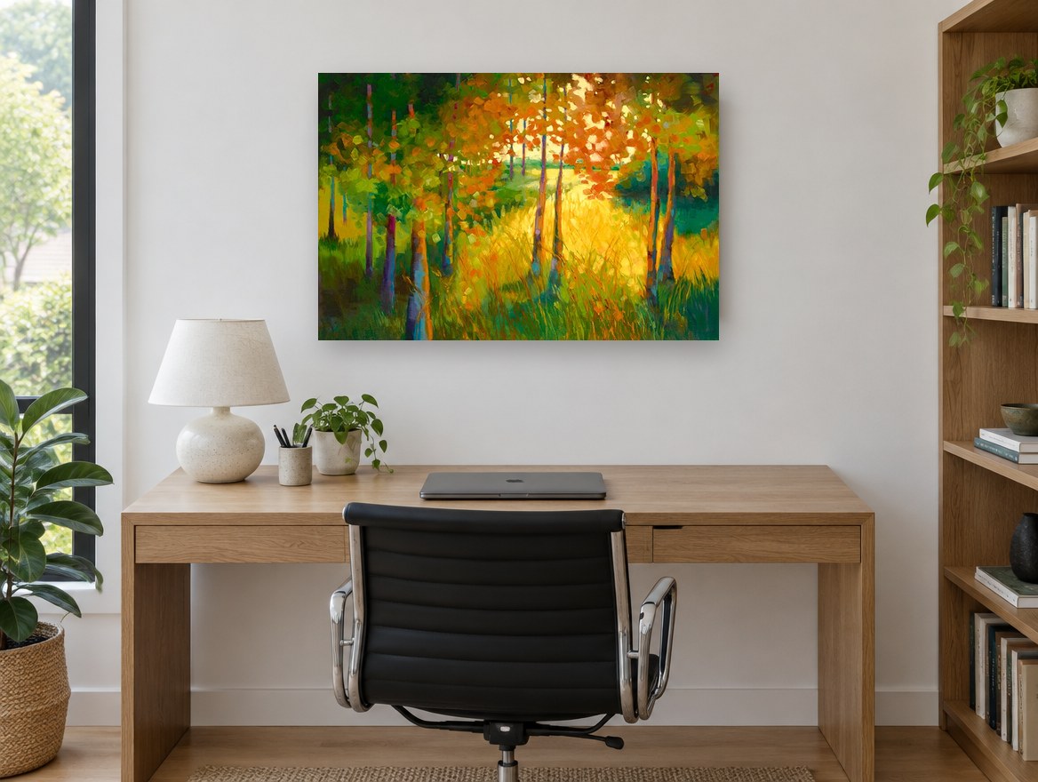 Sunlit Grove Clearing landscape canvas print on the wall of a study