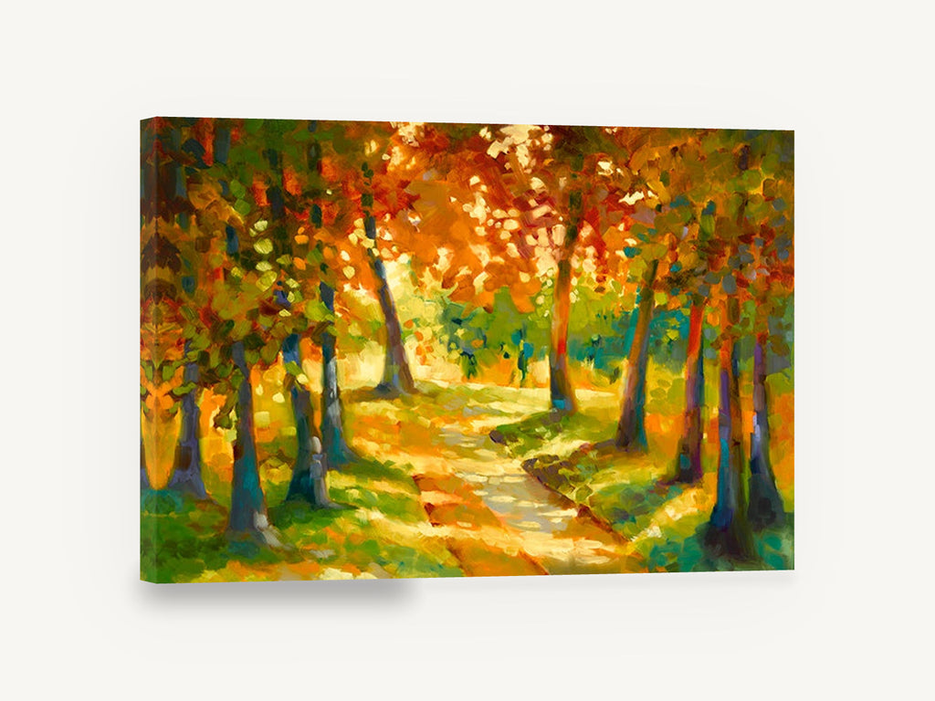 Sunlit Autumn Path, autumn tree path impressionist landscape, landscape canvas wall art print ready to hang