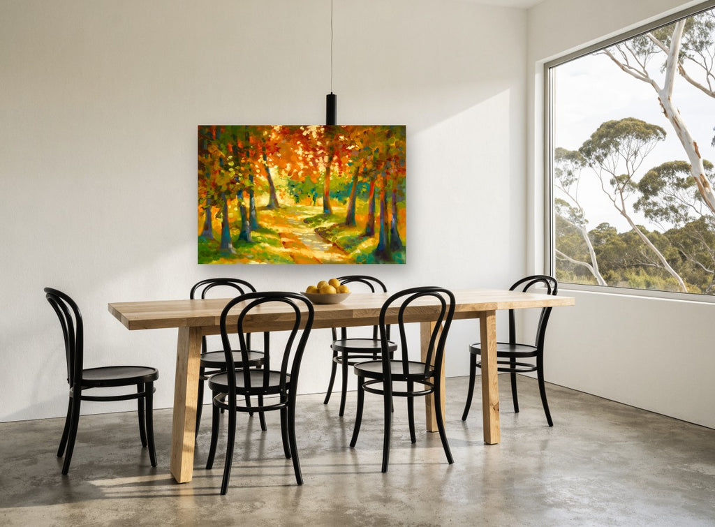 Sunlit Autumn Path landscape canvas print on the wall of a dining room
