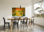 Sunlit Autumn Path landscape canvas print on the wall of a dining room