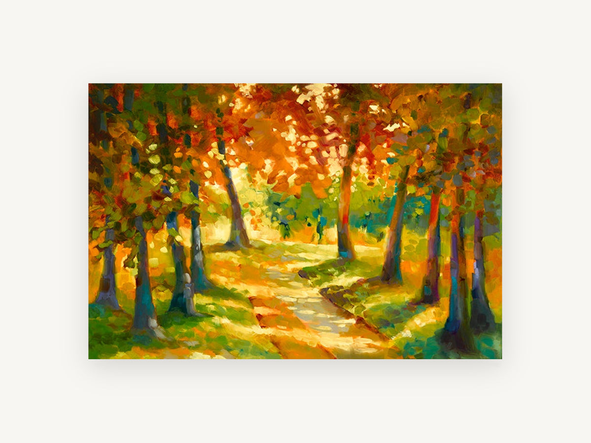 Sunlit Autumn Path, autumn tree path impressionist landscape, landscape canvas wall art print, front view