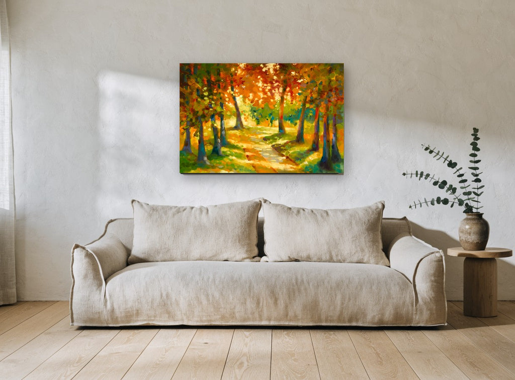 Sunlit Autumn Path landscape canvas print on the wall of a living room