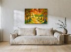 Sunlit Autumn Path landscape canvas print on the wall of a living room