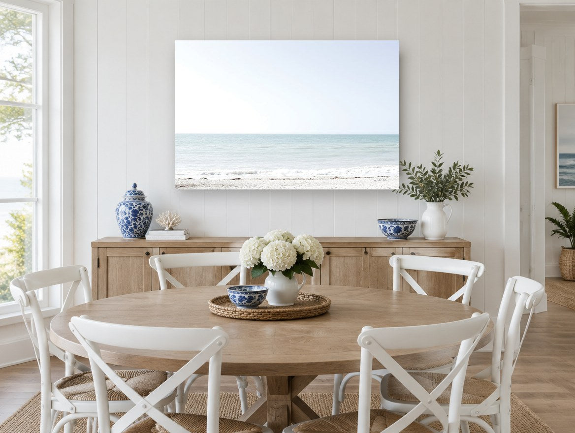 Pale Aqua Horizon coastal canvas print on the wall of a Hamptons dining room