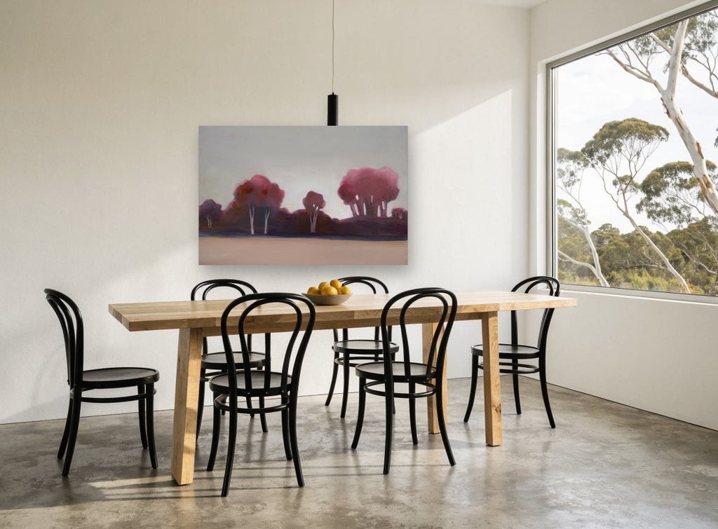 Maroon Grove at Dusk landscape canvas print on the wall of a dining room
