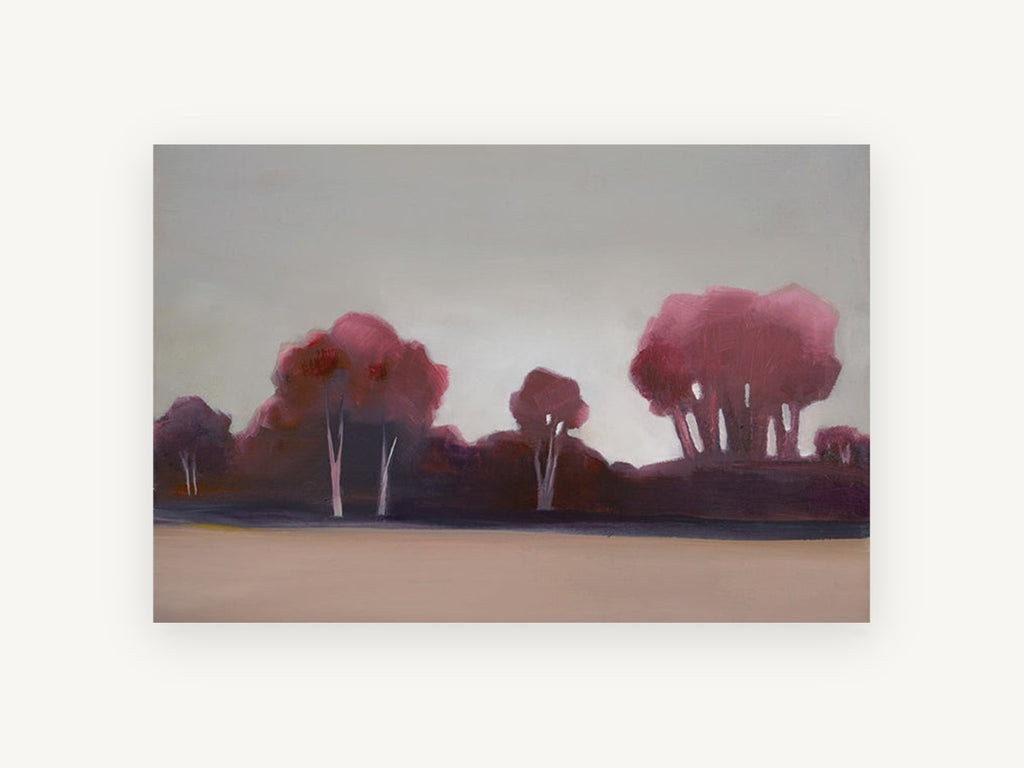 Maroon Grove at Dusk, maroon trees abstract landscape painting, landscape canvas wall art print, front view