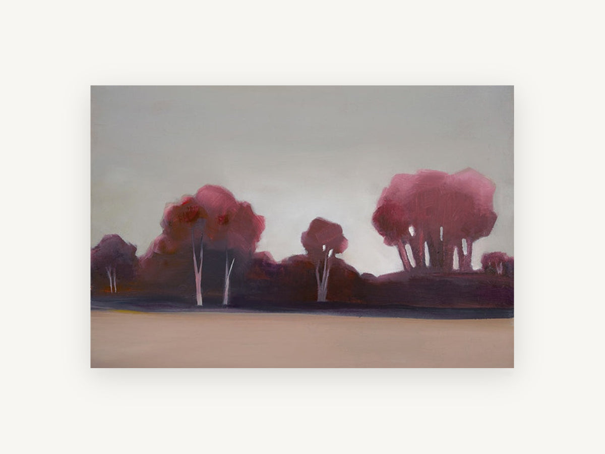 Maroon Grove at Dusk, maroon trees abstract landscape painting, landscape canvas wall art print, front view