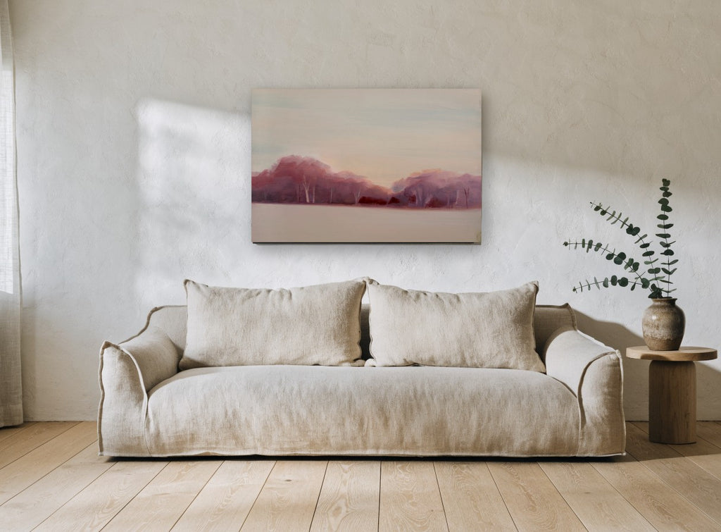 Rose Dusk Treeline landscape canvas print on the wall of a living room