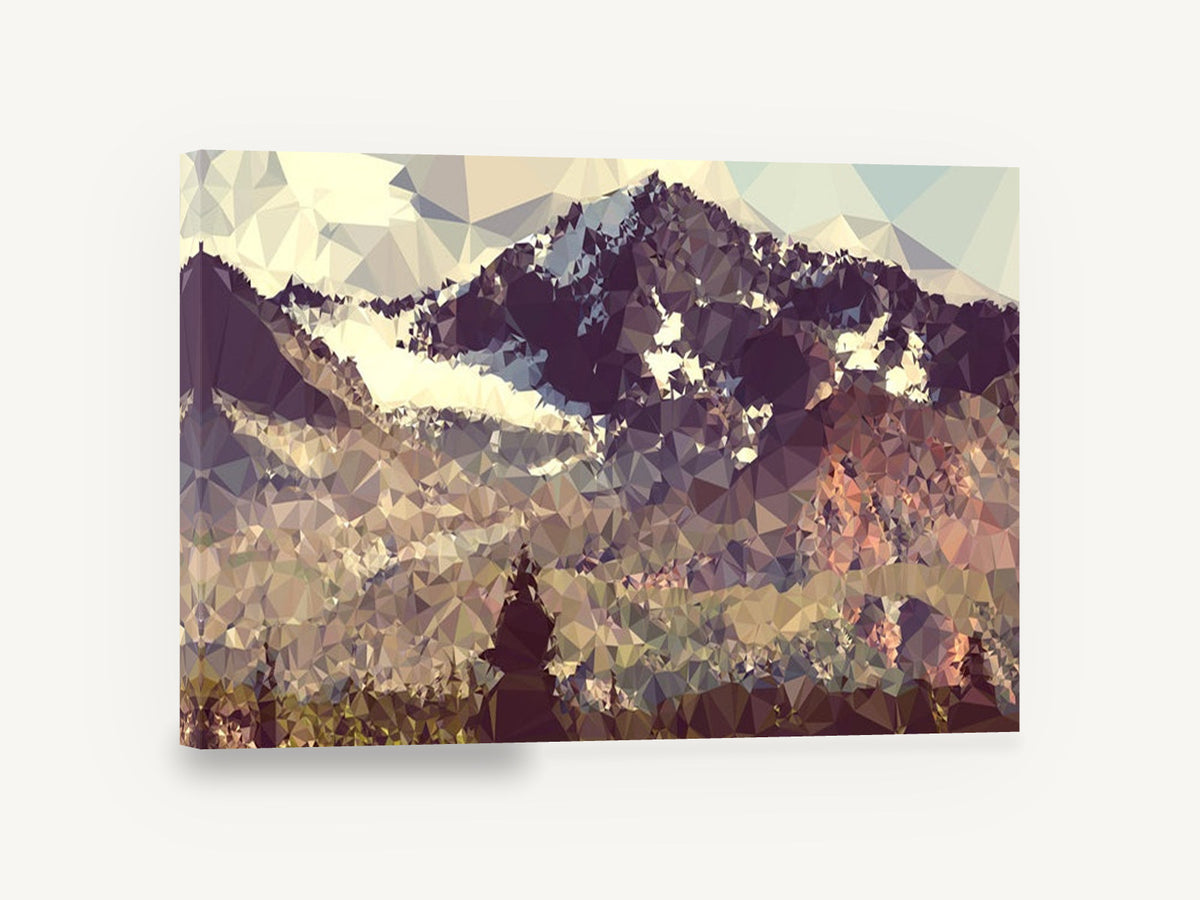 Faceted Alpine Slope, low poly mountain valley artwork, landscape canvas wall art print ready to hang