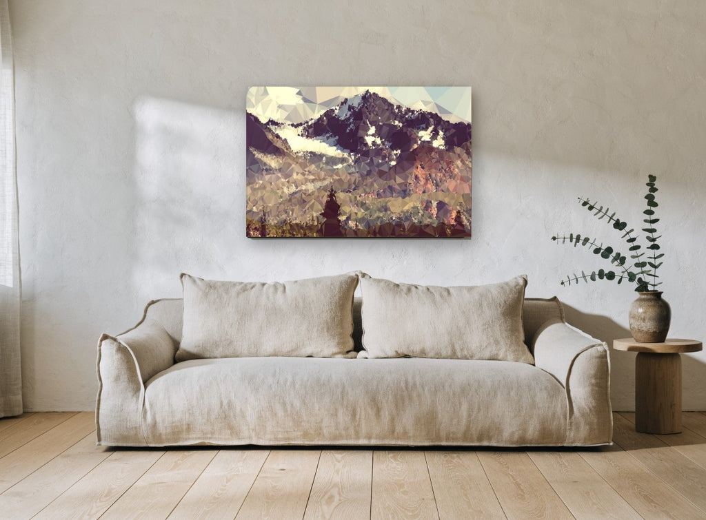Faceted Alpine Slope landscape canvas print on the wall of a living room
