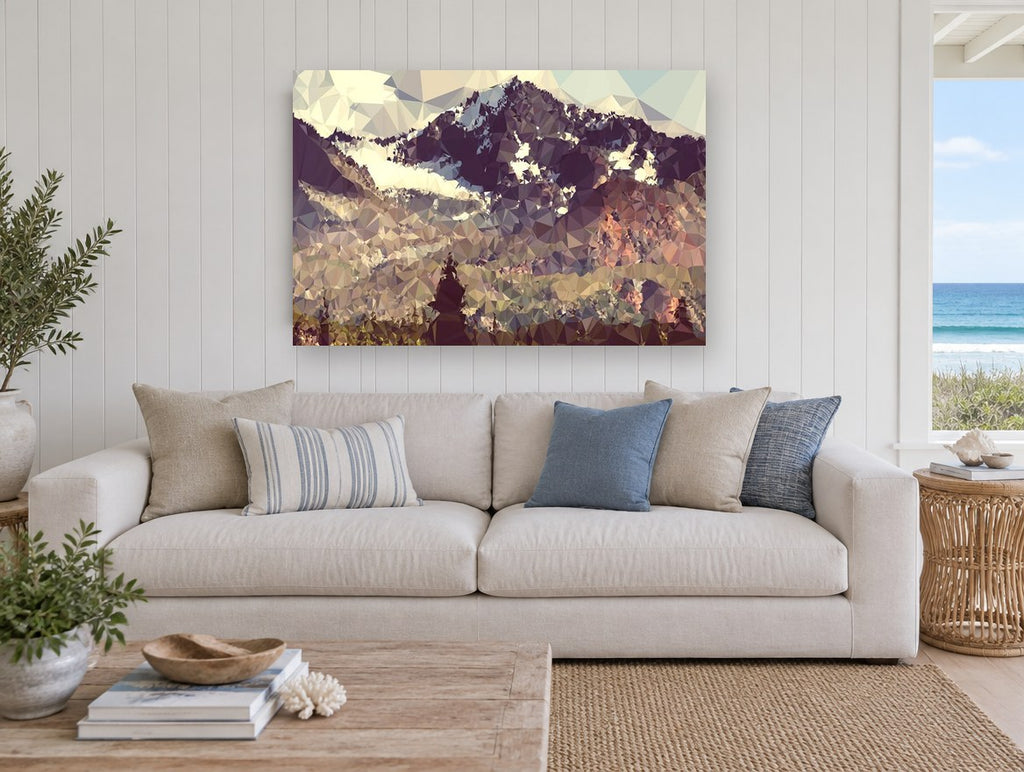 Faceted Alpine Slope landscape canvas print on the wall of a beach house living room
