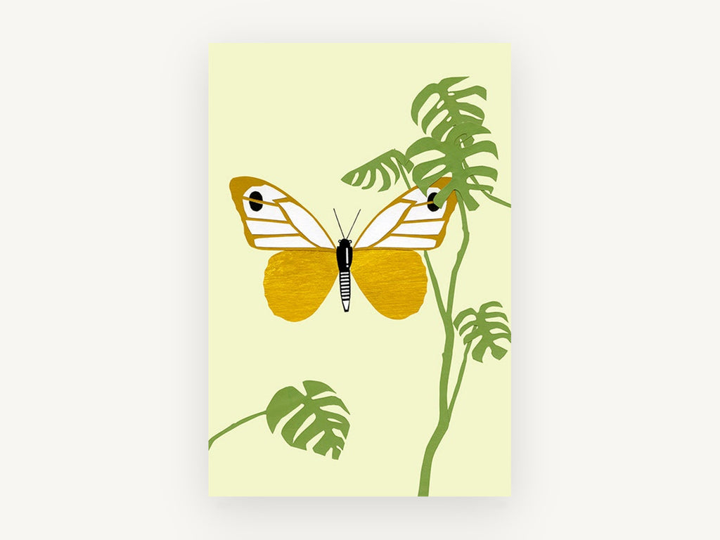 Gold Butterfly Monstera, floral canvas wall art print, front view