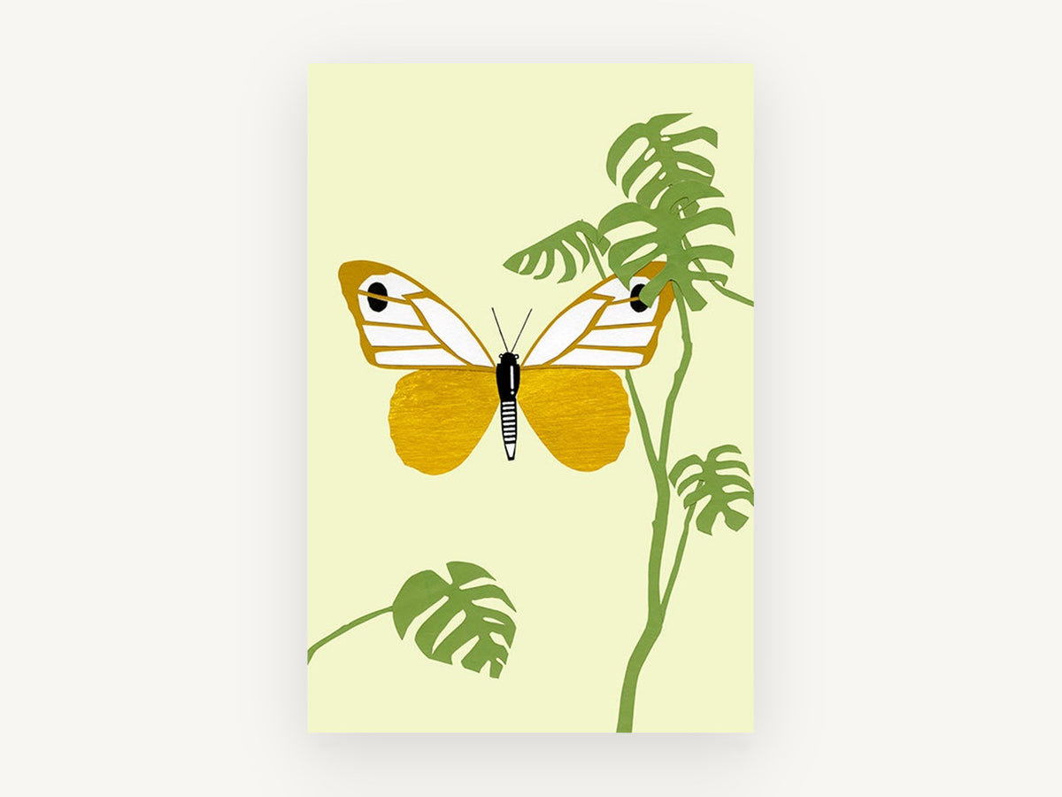 Gold Butterfly Monstera, floral canvas wall art print, front view