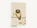 Watchful Boobook Owl, owl on branch paper collage illustration, floral canvas wall art print ready to hang