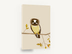 Watchful Boobook Owl, owl on branch paper collage illustration, floral canvas wall art print ready to hang