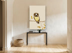 Watchful Boobook Owl floral canvas print on the wall of a hallway