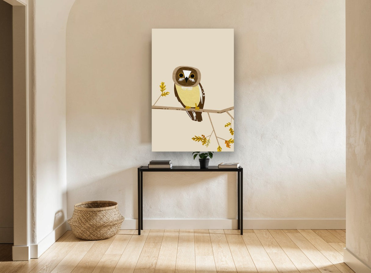 Watchful Boobook Owl floral canvas print on the wall of a hallway
