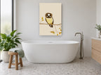 Watchful Boobook Owl floral canvas print on the wall of a bathroom