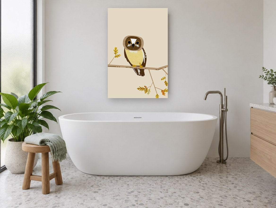 Watchful Boobook Owl floral canvas print on the wall of a bathroom
