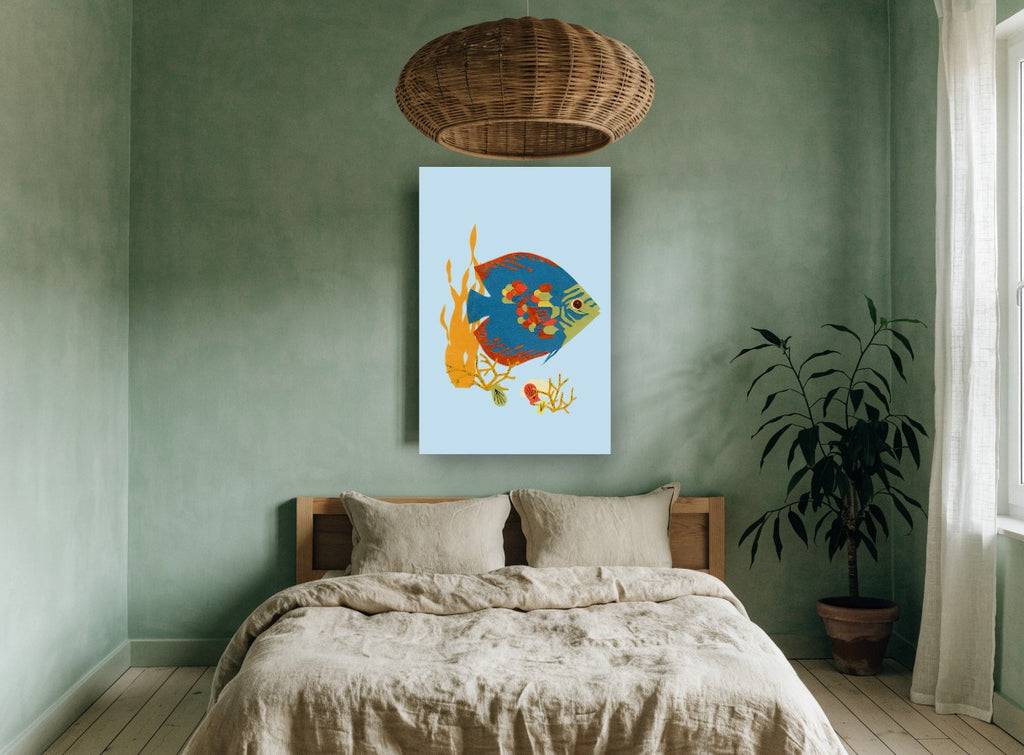 Paper Cut Angelfish coastal canvas print on the wall of a bedroom