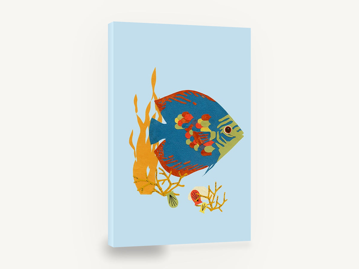 Paper Cut Angelfish, colourful paper collage fish illustration, coastal canvas wall art print ready to hang
