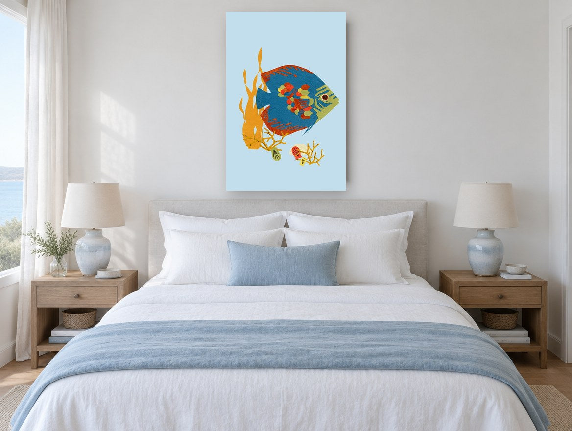 Paper Cut Angelfish coastal canvas print on the wall of a coastal bedroom
