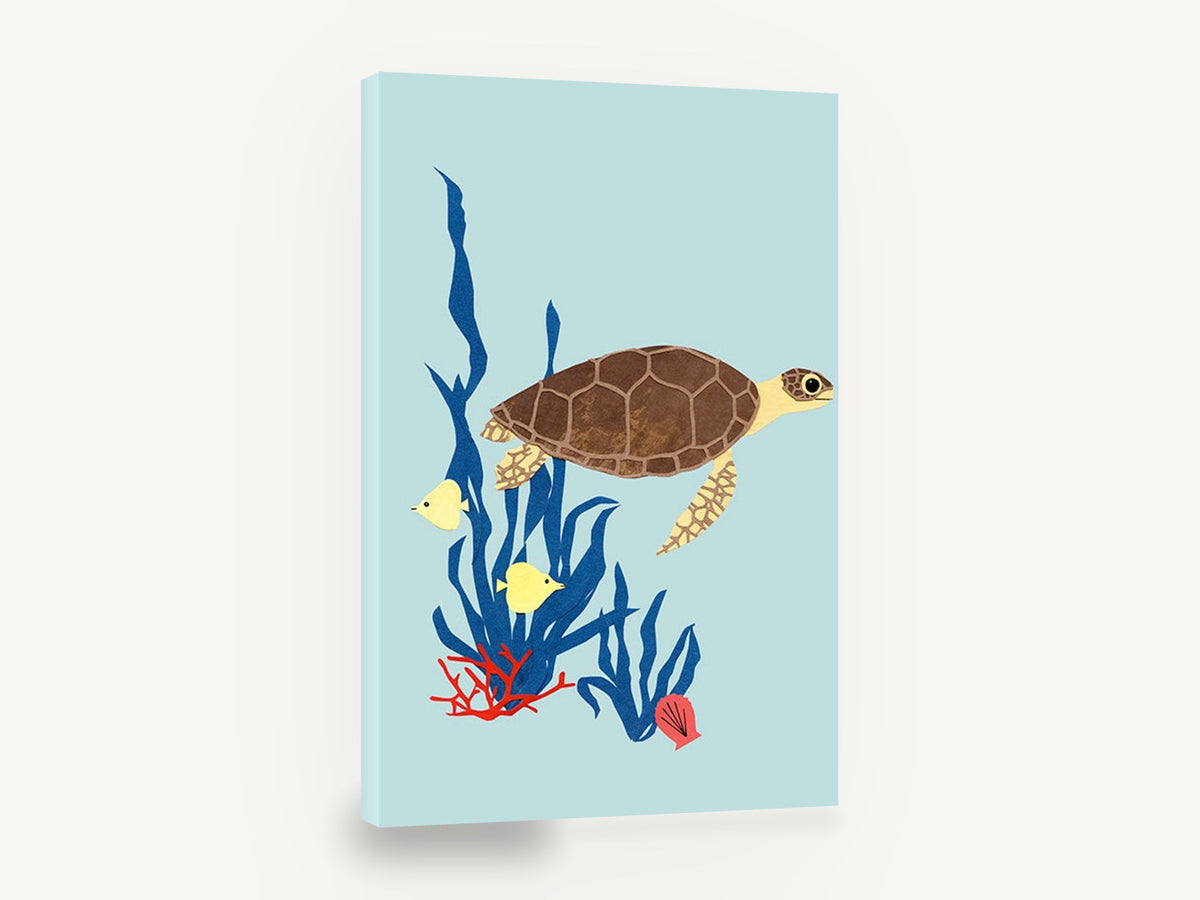 Paper Cut Sea Turtle, sea turtle paper cut illustration, coastal canvas wall art print ready to hang