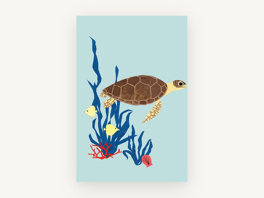 Paper Cut Sea Turtle, coastal canvas wall art print, front view