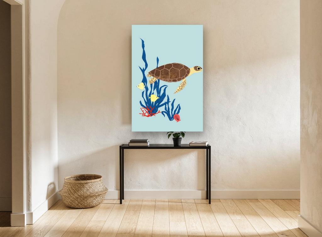 Paper Cut Sea Turtle coastal canvas print on the wall of a hallway
