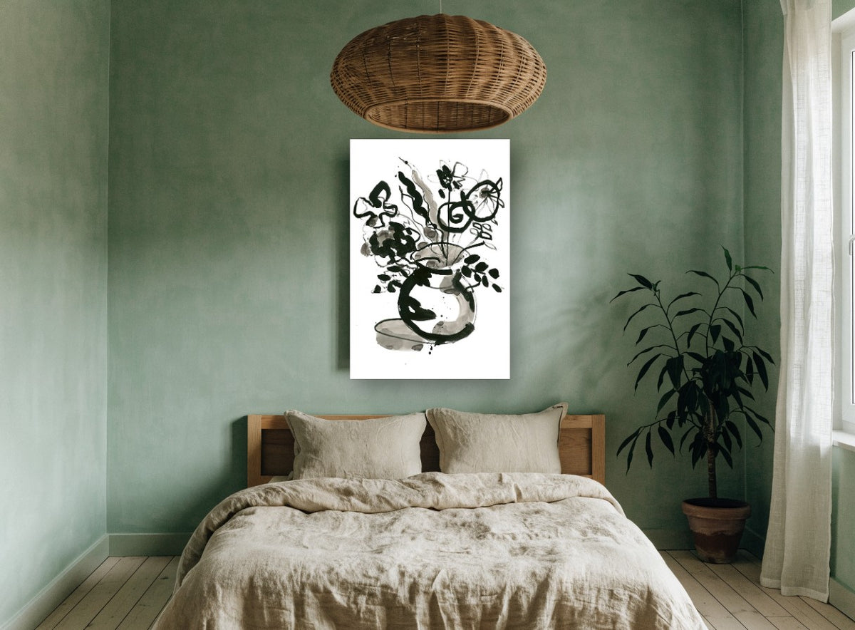 Ink Bloom Vase floral canvas print on the wall of a bedroom