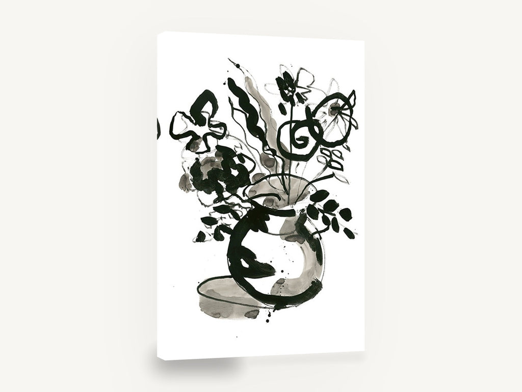 Ink Bloom Vase, black ink flowers in vase, floral canvas wall art print ready to hang