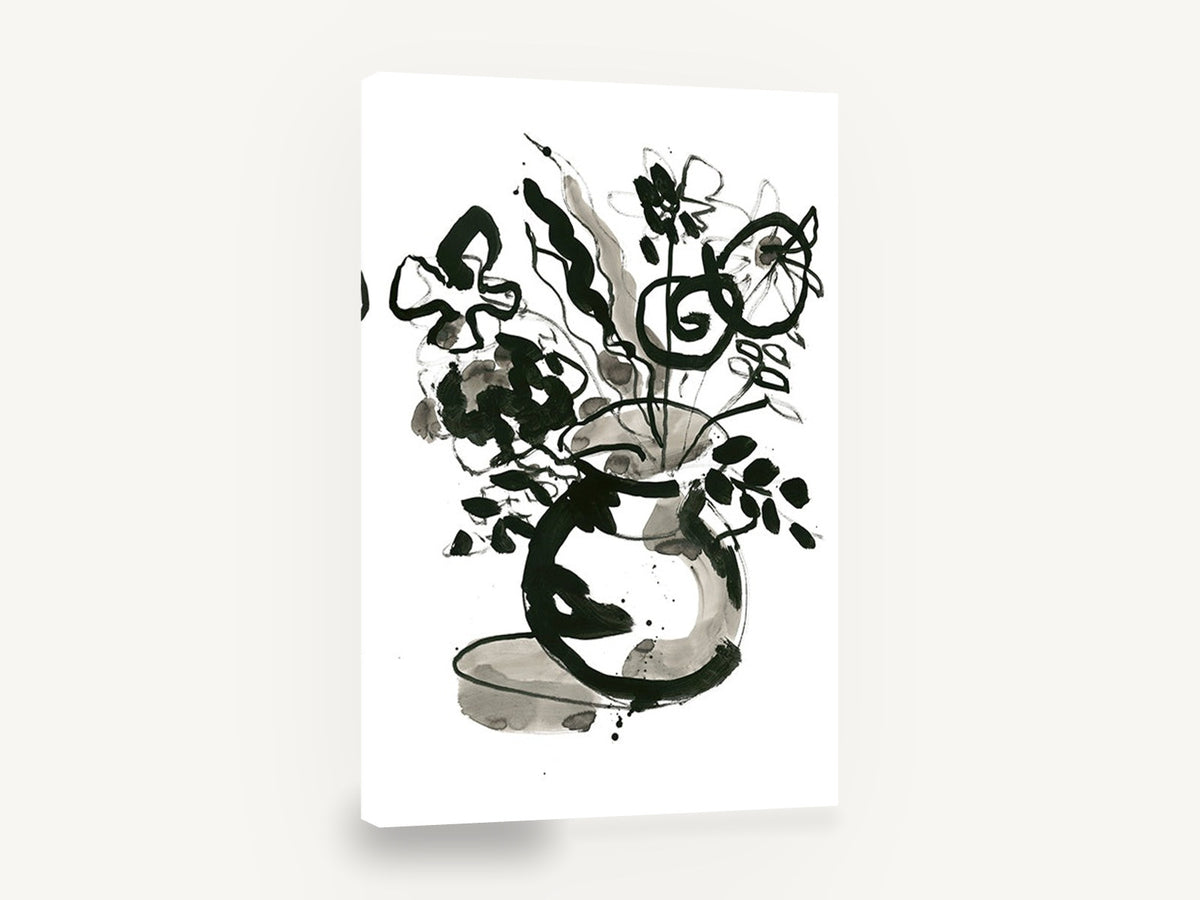 Ink Bloom Vase, black ink flowers in vase, floral canvas wall art print ready to hang