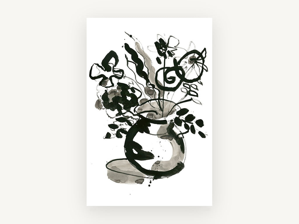 Ink Bloom Vase, floral canvas wall art print, front view